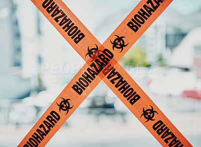 Buy stock photo Biohazard caution, danger barrier tape of a quarantine zone. Bright orange safety stripes across infected area, no entry or cross, room closed down for cleaning and inspection over copy space.