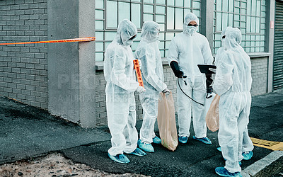 Buy stock photo Safety, protection and group of doctors in meeting with scientists in hazmat ppe to prevent spread of virus. Virologist, medical workers or people in city for healthcare, covid or pandemic disease