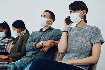 Buy stock photo Woman calling while traveling with covid and waiting in line  at airport while wearing a mask for protection. For hygiene and healthcare security, follow coronavirus social distance regulations