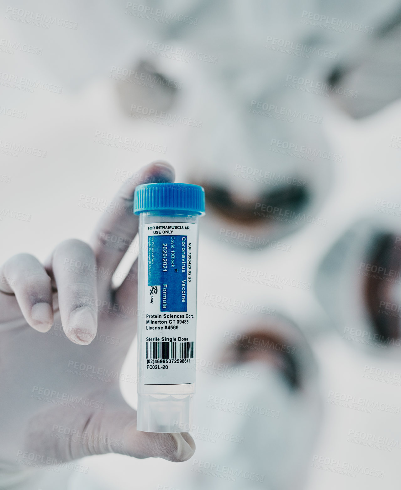 Buy stock photo Covid, scientists and vaccine vial while a group medical practitioners, chemists and researchers stand together from below. Innovation cure, treatment and medicine for virus and clinical trial
