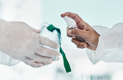 Buy stock photo Hands, spray bottle and disinfect goggles, health and Covid compliance, PPE and safety from virus. Hygiene, medical rules and people in healthcare, sanitizer and gear for protection from corona zoom