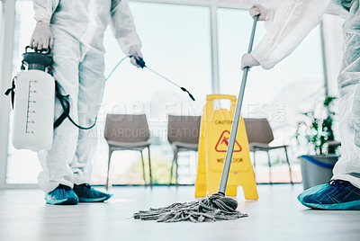 Buy stock photo Covid disinfection, cleaning hospital floor with mop and healthcare compliance for safety and hygiene. Disinfecting liquid, cleaner people in PPE for protection from corona virus with medical policy