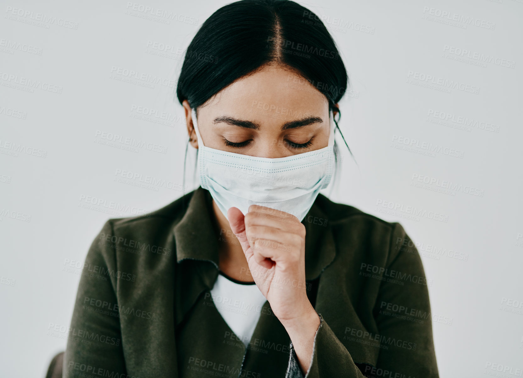 Buy stock photo Woman, cough and face mask in clinic or covid, healthcare and waiting room or checkup. Symptoms, illness and health or pandemic wellness, throat irritation and respiratory infection for sick patient
