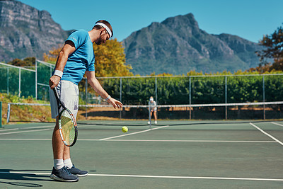 Buy stock photo Tennis, serve and people on court for fitness, tournament match and game competition. Sports, athlete and man and woman with racket outdoors for exercise, workout and training for practice together