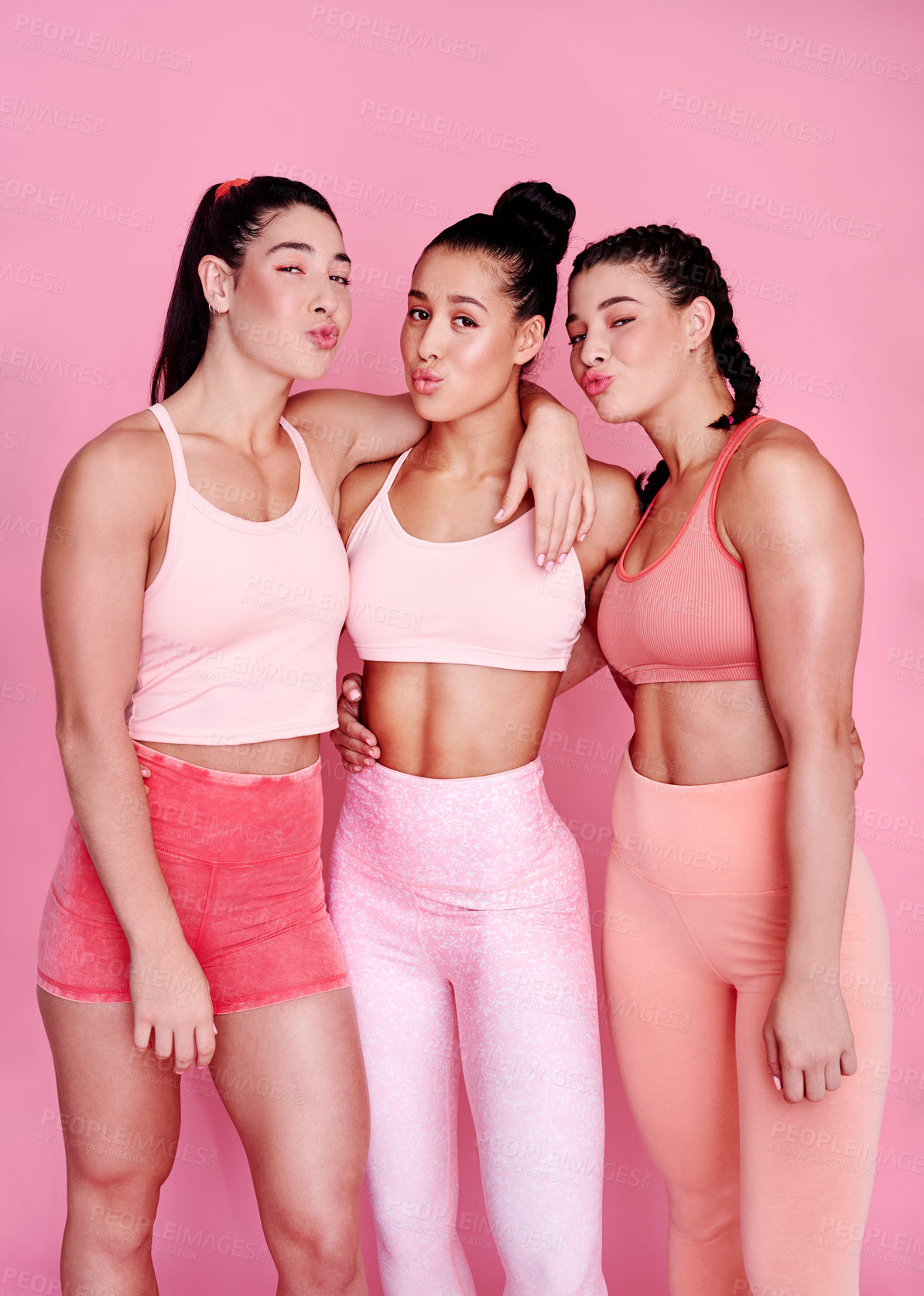 Buy stock photo Exercise, studio and portrait of women with pout for healthy body, fitness and workout together. Happy, people and friends with playful pose by pink background for training, confidence and solidarity