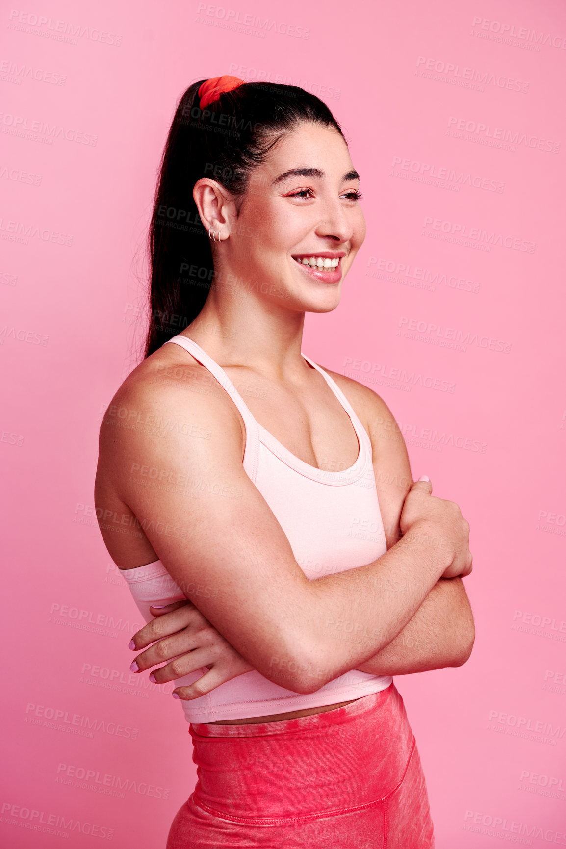 Buy stock photo Fitness, happy and health with woman in studio for wellness, cardio and challenge. Exercise, workout and training with person and smile on pink background for muscle, performance and sports athlete