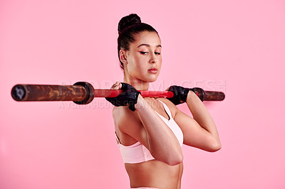 Buy stock photo Training, barbell and health with woman in studio for wellness, weightlifting and challenge. Exercise, workout and fitness with person on pink background for muscle, performance and sports athlete