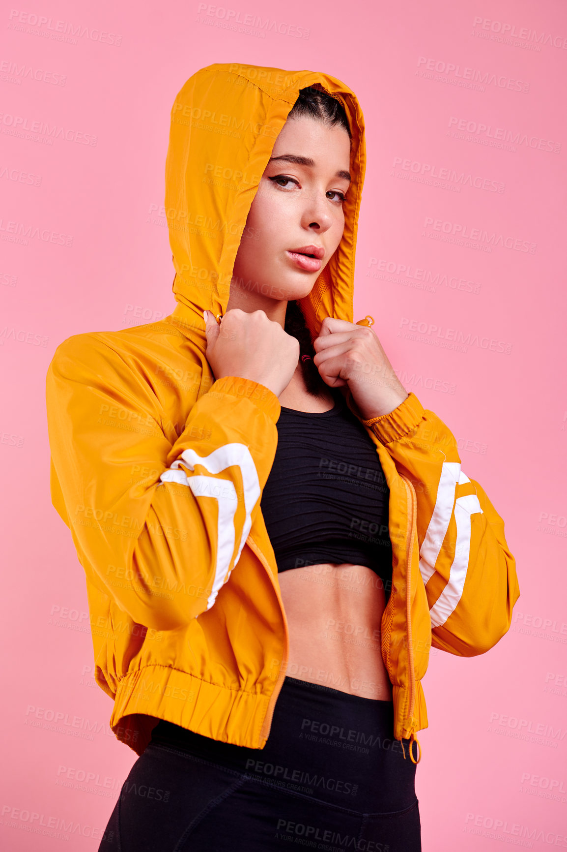 Buy stock photo Fitness, hoodie and portrait of woman in studio for wellness, cool fashion and exercise challenge. Trendy, workout and gen z girl on pink background for training, health or sports athlete in Canada