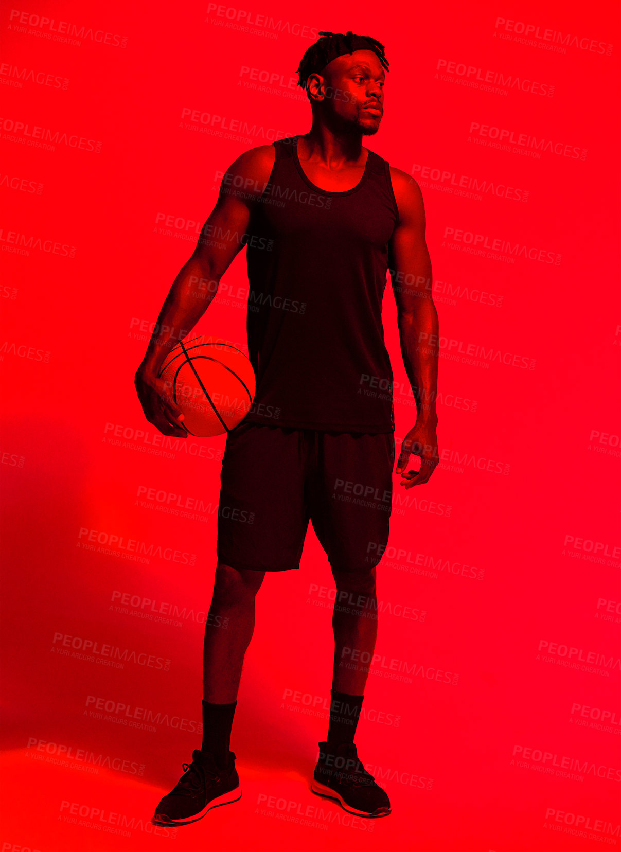 Buy stock photo Basketball, fitness and thinking with man in red filter lighting for challenge, game or performance. Exercise, sports and training with African person in studio for competition, health or recreation