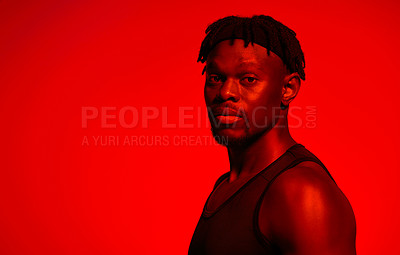 Buy stock photo Black man, confident and red neon with studio background for sports, fitness and training. Male person, portrait and athlete for exercise or workout for self care, wellness and wellbeing with muscles