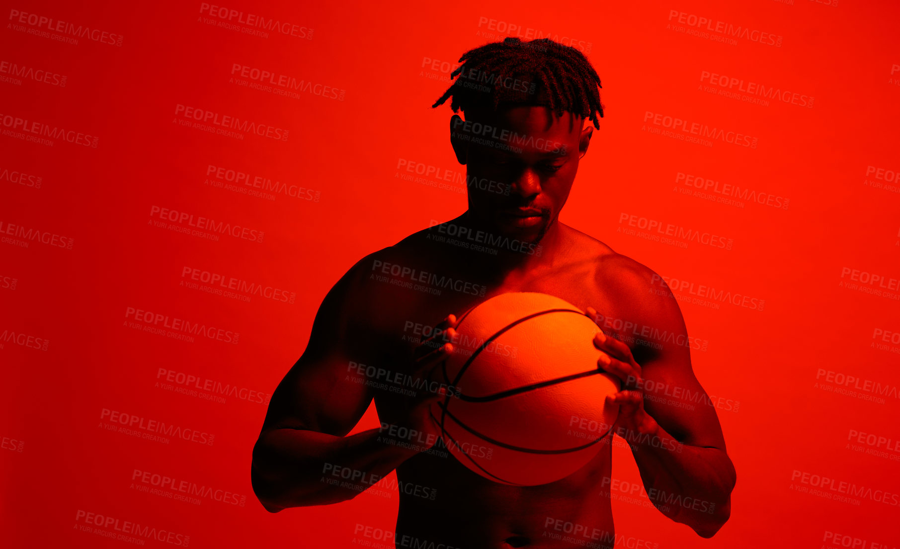 Buy stock photo Basketball, fitness and performance with man in red background filter lighting for challenge, game or training. Competition, exercise and sports with serious African person in studio for recreation