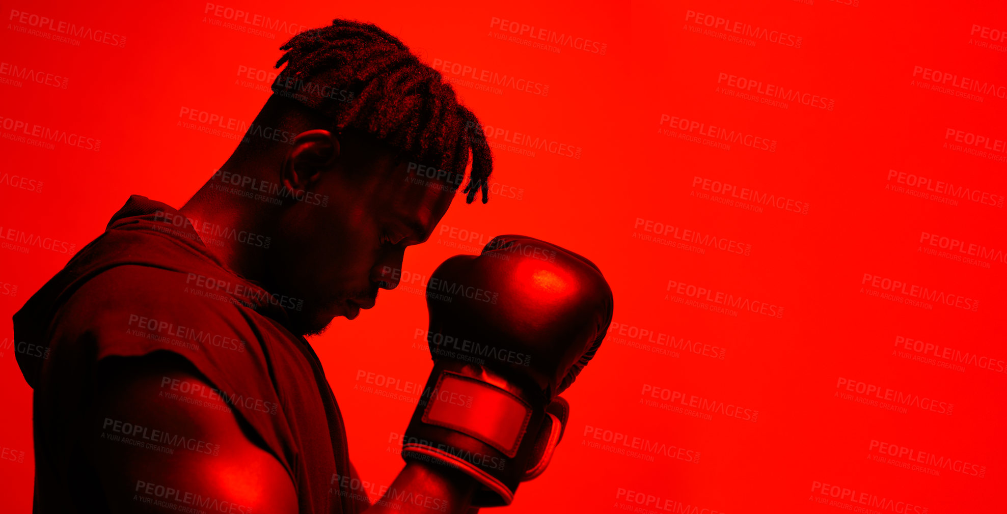 Buy stock photo Man, profile and gloves in studio for boxing or training for mma competition, workout and professional for performance. Red background, fighter and person for self defense, strength and mock up.