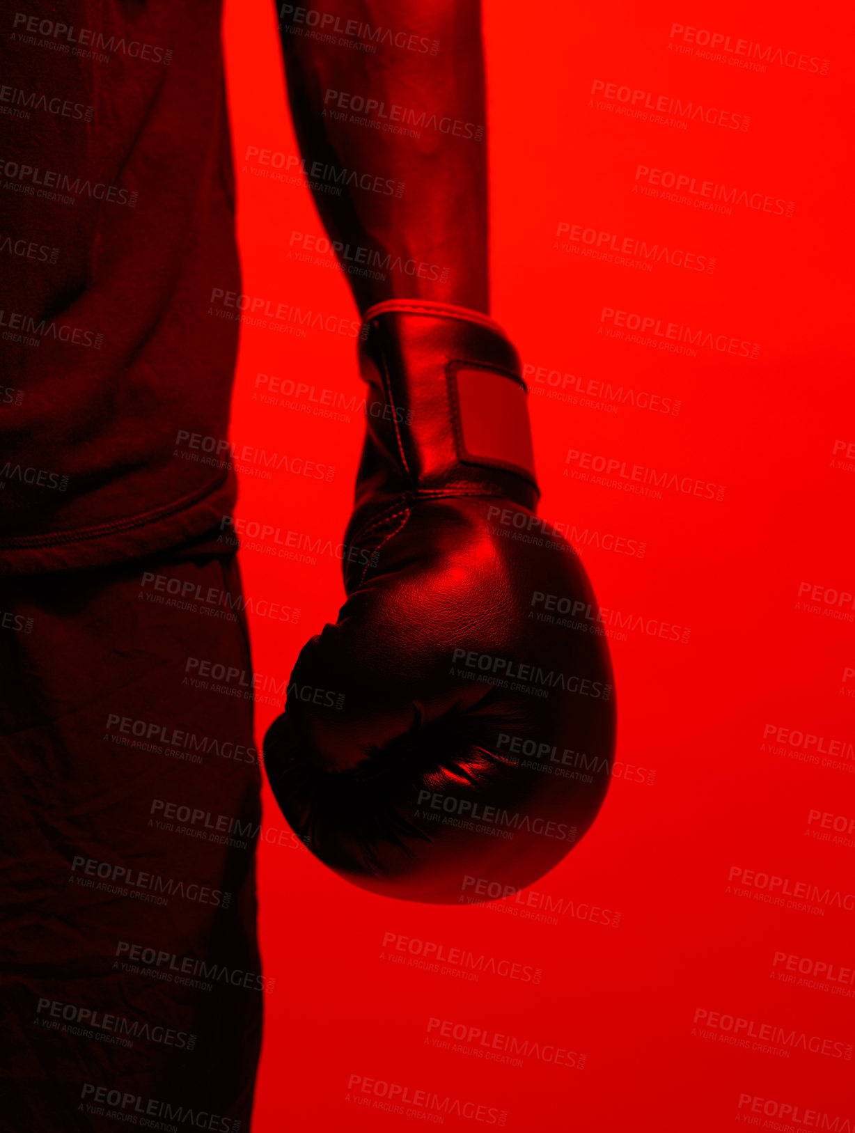 Buy stock photo Red light, man and hand with boxing gloves in studio background for sports match. Male person, sportsman and athlete with training, workout and exercise with fitness for competition as boxer