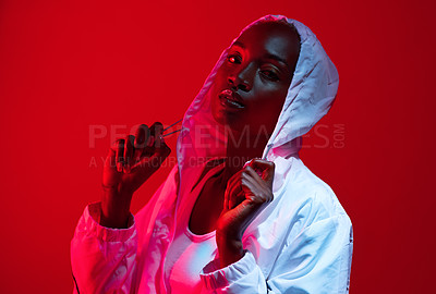 Buy stock photo Hoodie, red light and portrait of black woman with fashion for fitness, athlete or sports. Style, confident and African female person with outfit for athleisure aesthetic by studio background.