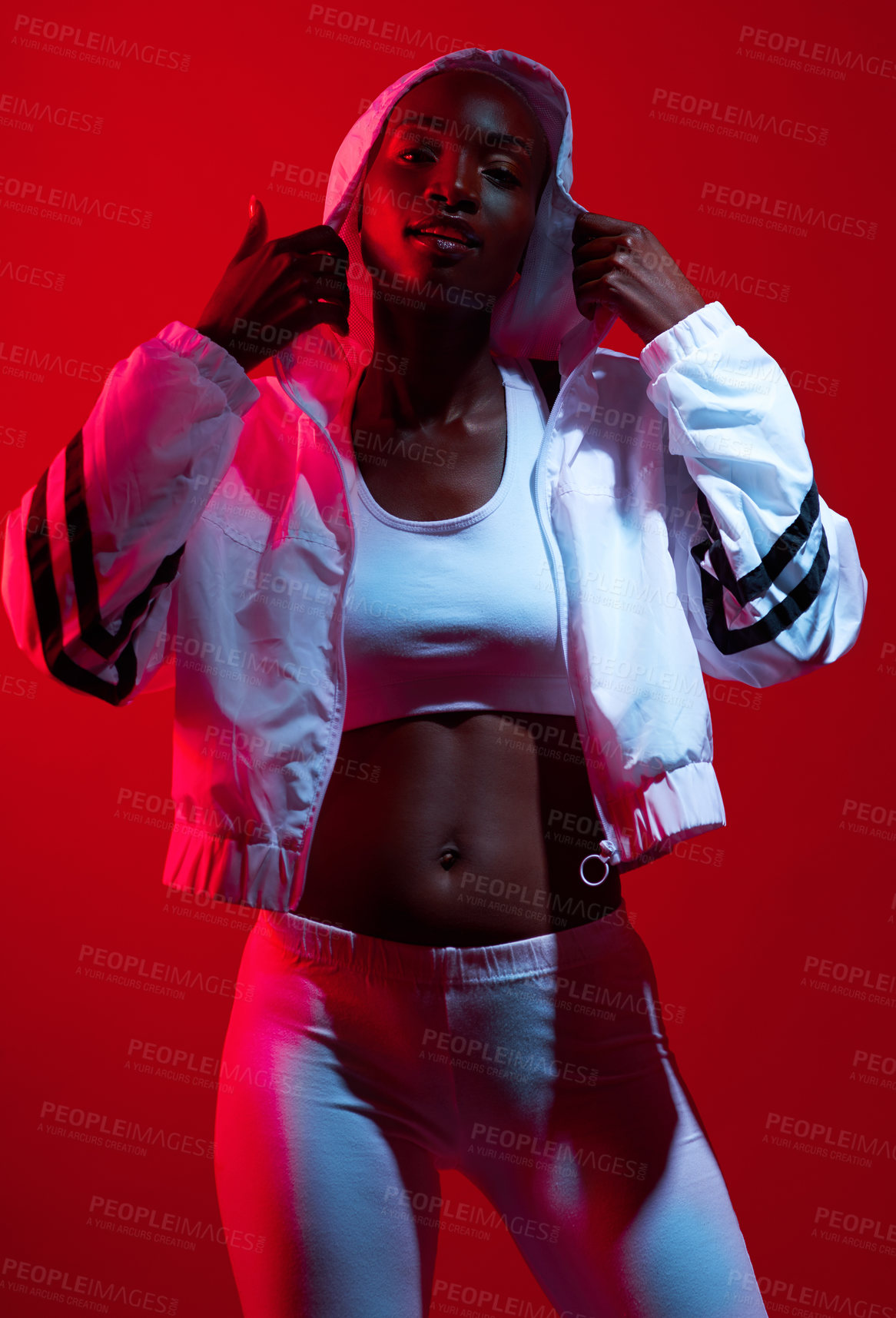 Buy stock photo Black woman, portrait and confidence for fitness fashion with health, wellness and strong body in studio. African athlete, athleisure and clothes for exercise, lighting and style by red background