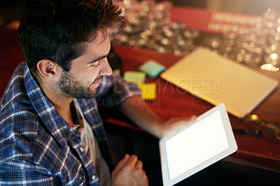 Buy stock photo Man, tablet and mockup for advertising in a cafe with remote work, IT consultant or web design with app ads or research. Announcement, news or about us on website for digital marketing and freelance