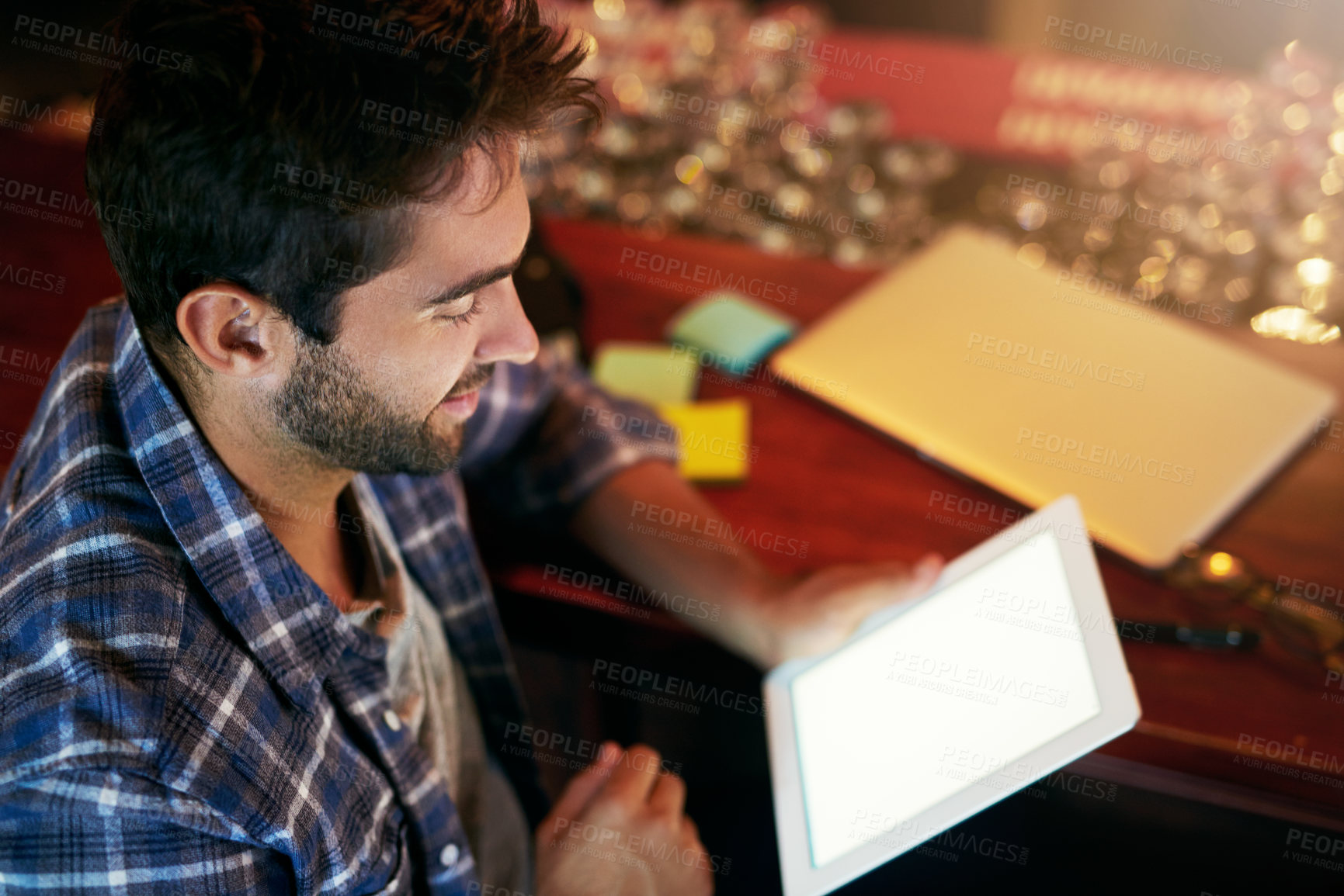 Buy stock photo Man, tablet and mockup for advertising in a cafe with remote work, IT consultant or web design with app ads or research. Announcement, news or about us on website for digital marketing and freelance