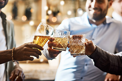 Buy stock photo Party, friends toast and men at club celebrating new year, having fun and bonding. Bars, celebration cheers and group of people at event with alcohol, beer or whiskey enjoying quality time together.