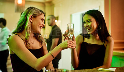 Buy stock photo Friends toast with champagne, women with drinks at lounge bar for new year celebration, party with cocktails. Happy, celebrate and ladies night at club, cocktail drink for happy hour and cheers.