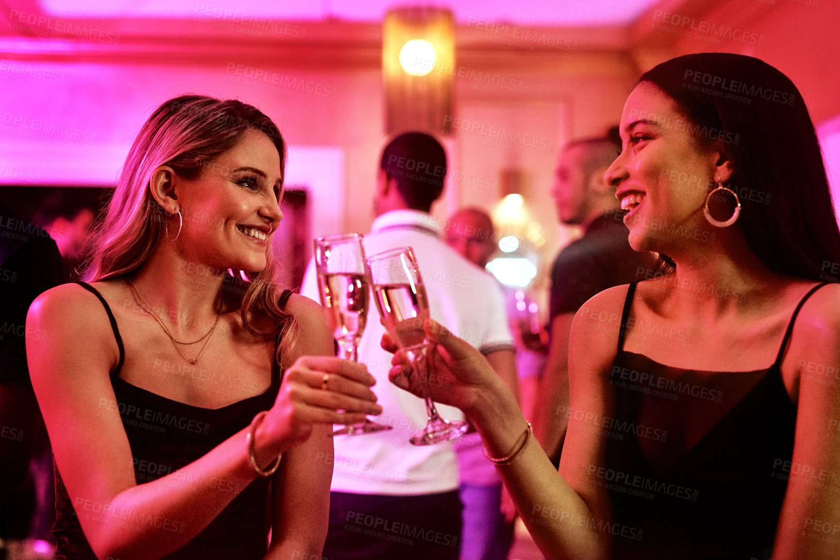 Buy stock photo Friends, toast and new year party at disco, event and  nightclub with happy smile, celebration and nightlife. Women, cheers and social with champagne, drinks and celebrate together in club together