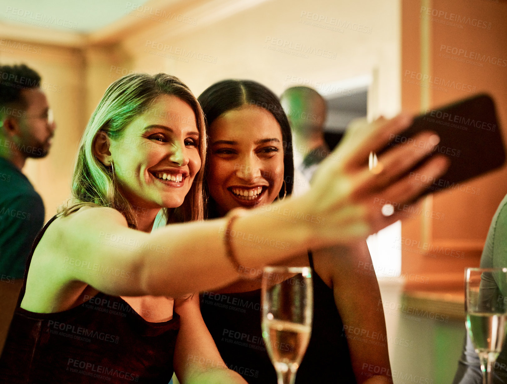 Buy stock photo Party, phone or friends taking a selfie for social media content or to post happy profile pictures on ladies night. Event, girls or women take a photo with wine or champagne drinks for a celebration
