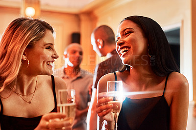 Buy stock photo Party, champagne or friends at a night event in celebration of New year or Christmas on a relaxing holiday vacation. Smile, memory or happy women with drinks talking, laugh or speaking of funny joke 
