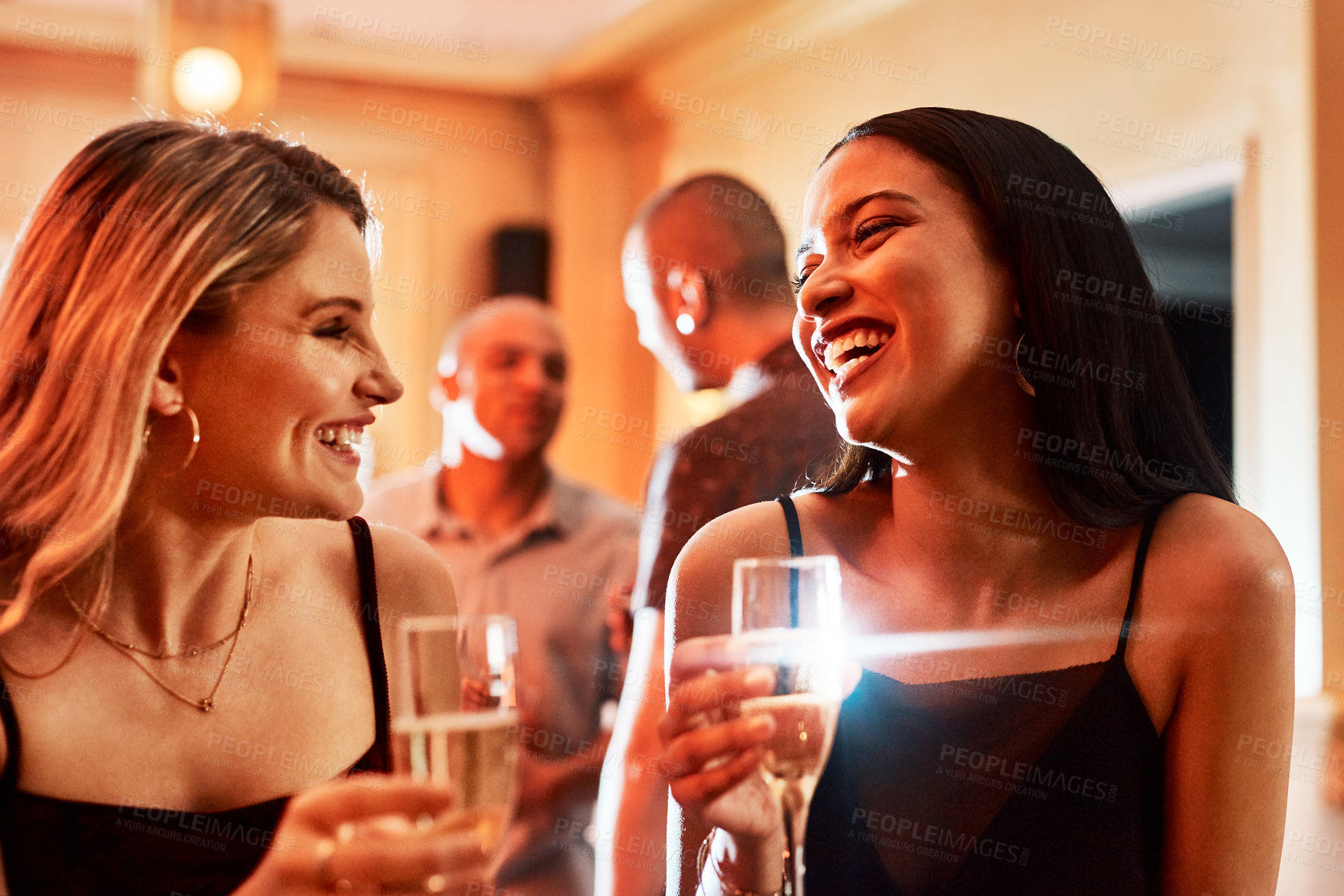Buy stock photo Party, champagne or friends at a night event in celebration of New year or Christmas on a relaxing holiday vacation. Smile, memory or happy women with drinks talking, laugh or speaking of funny joke 