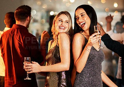 Buy stock photo Women, bonding or dancing with champagne glasses in nightclub event, birthday party or New Year celebration in London. Smile, happy or laughing friends with alcohol drinks in social gathering dance