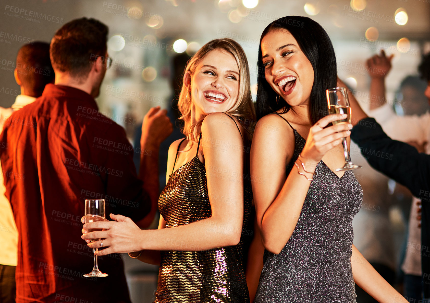 Buy stock photo Women, bonding or dancing with champagne glasses in nightclub event, birthday party or New Year celebration in London. Smile, happy or laughing friends with alcohol drinks in social gathering dance