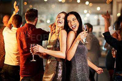 Buy stock photo Smile, women and dance with champagne at nightclub for birthday celebration, social reunion or luxury party. Excited, friends and wine glass for new years, festival congratulations and happy hour fun