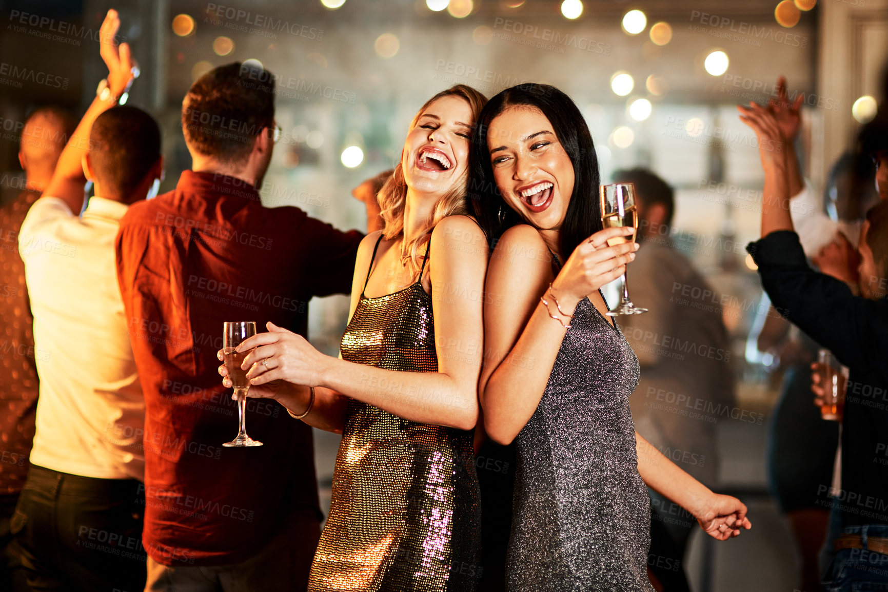 Buy stock photo Smile, women and dance with champagne at nightclub for birthday celebration, social reunion or luxury party. Excited, friends and wine glass for new years, festival congratulations and happy hour fun