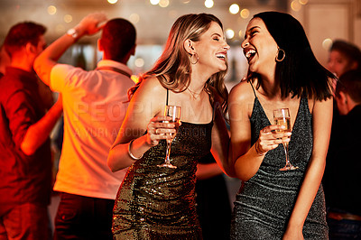 Buy stock photo Women, laughing or bonding in champagne night party, clubbing event or birthday celebration in New York. Smile, happy people or friends with alcohol glasses on luxury restaurant or disco dance floor