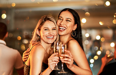 Buy stock photo Portrait, champagne and clubbing with woman friends drinking alcohol in celebration of the new year. Party, diversity and event with a female and friend enjoying a drink together at a luxury social