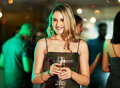 Buy stock photo Party, event and woman with champagne at nightclub, having fun or drinking. Celebration, clubbing and happy female holding cocktail celebrating new year, partying or enjoying time at social gathering