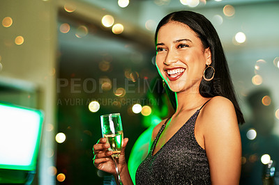 Buy stock photo Party, woman and champagne drink at a nightclub feeling happy with celebration and alcohol. Indian female with happiness with a smile ready for dj dance music and night club with bokeh light