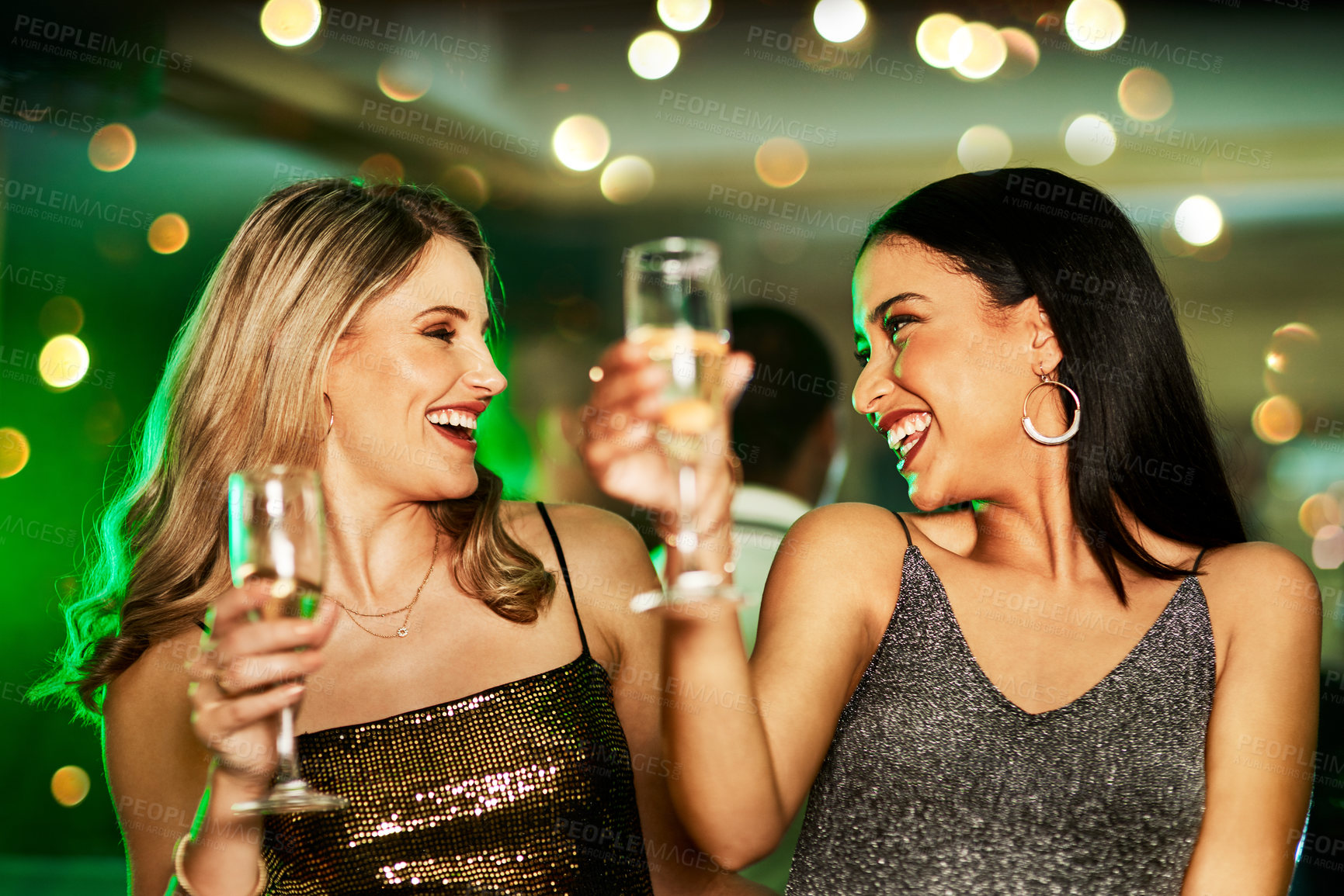 Buy stock photo Party, girl friends and champagne cheers with nightclub dancing and happiness of women. Dj music, alcohol drinks and cocktail toast at a new year event with bokeh lights and smile with glasses