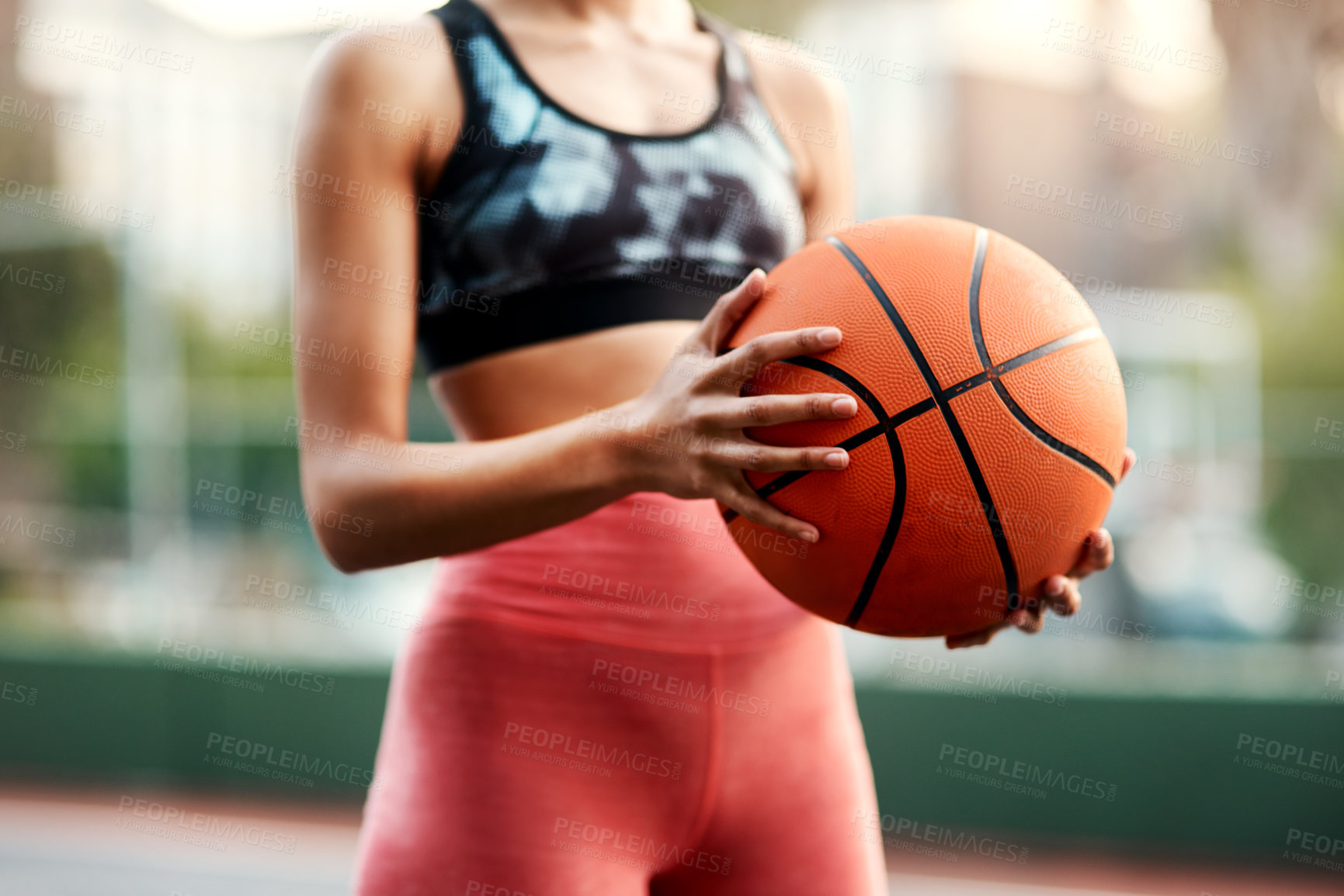 Buy stock photo Athlete, hands and basketball for fitness, training and outdoor exercise or hobby on court. Confident woman, person and game for goals, sport workout or summer match for endurance or cardio health