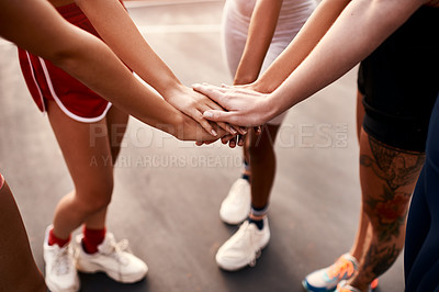 Buy stock photo Team, fitness and training with hands together for basketball, exercise and game motivation with solidarity. Huddle, workout and sport court with teamwork, athlete and group with support at match