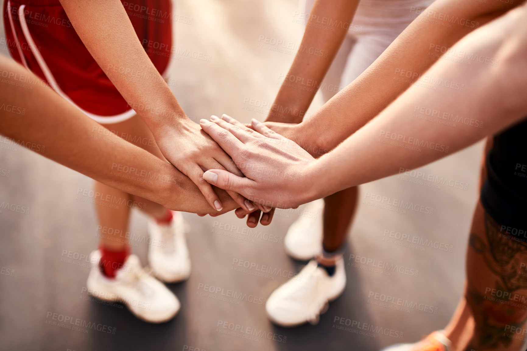 Buy stock photo Team, fitness and hands together for training, exercise and game motivation with solidarity. People, workout and basketball court with teamwork, athlete and group feet with community at outdoor match