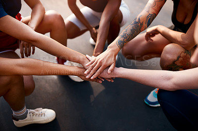 Buy stock photo Team, fitness and hands in for training, exercise and game motivation with solidarity. People, workout and sport court above with teamwork, athlete and group with community at match on ground