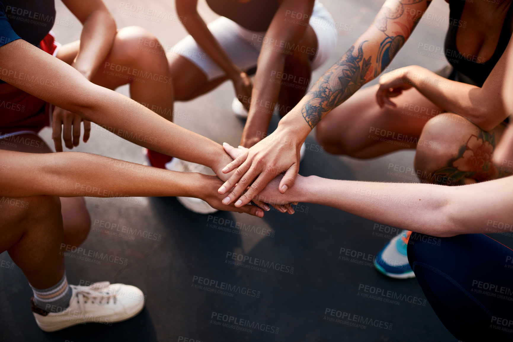 Buy stock photo Team, fitness and hands in for training, exercise and game motivation with solidarity. People, workout and sport court above with teamwork, athlete and group with community at match on ground