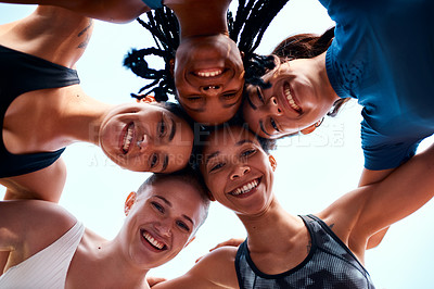 Buy stock photo Sports, teamwork or women in huddle for portrait, support or motivation in outdoor game for health. Basketball, friends and group of athletes in low angle for practice match, exercise or training