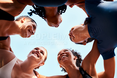 Buy stock photo Basketball, game or people in huddle for talking, support or motivation in outdoor sports for fitness. Teamwork, friends and group of athletes in low angle for practice match, exercise or training