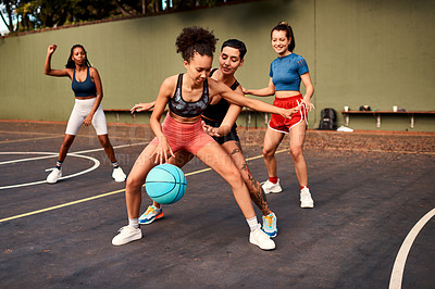 Buy stock photo Fitness, basketball and women playing game together for competition, challenge and fun on playground. Outdoor, performance and girl friends on court with ball, exercise and teamwork at sports club.