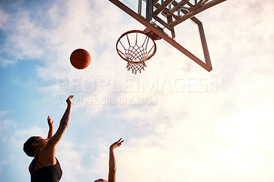 Buy stock photo Basketball, women and shooting for exercise, competition and sports training with practice on court. Fitness, people and athlete for score, workout and community game with play, teamwork and outdoor