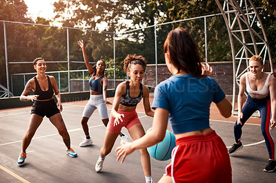 Buy stock photo Women, team and ball on basketball player on court as athlete for challenge, cardio and training. Female people, warm up and outdoor for competition, match and sports in physical activity or exercise