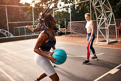 Buy stock photo Women, team and ball on basketball court as player or athlete for challenge, cardio and training. Female people, warm up and outdoor for competition, match and sports in physical activity or exercise