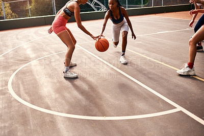 Buy stock photo Women, sports and ball on basketball court as team or athlete for challenge, cardio and training. Female people, warm up and outdoor with competition, match or player as physical activity or exercise