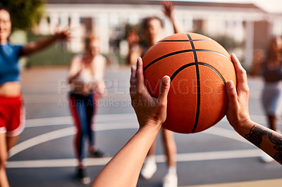 Buy stock photo Basketball, person and outdoor hands for shooting, fitness and group defense in competition. Team, women and court for sport practice or friendly match, training and athletes for tournament at club