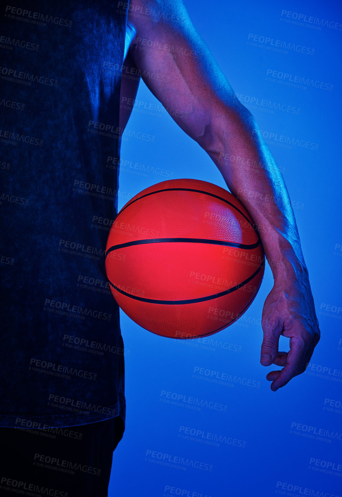 Buy stock photo Fitness, studio and hands of man with basketball for gym, workout and challenge for competition. Sports, club and professional athlete with ball, exercise and training for game on blue background